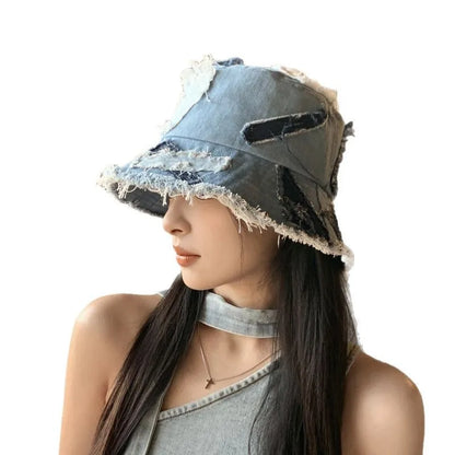 Fashion Niche Japanese Raw Edge Splicing Patch Denim Bucket Hat