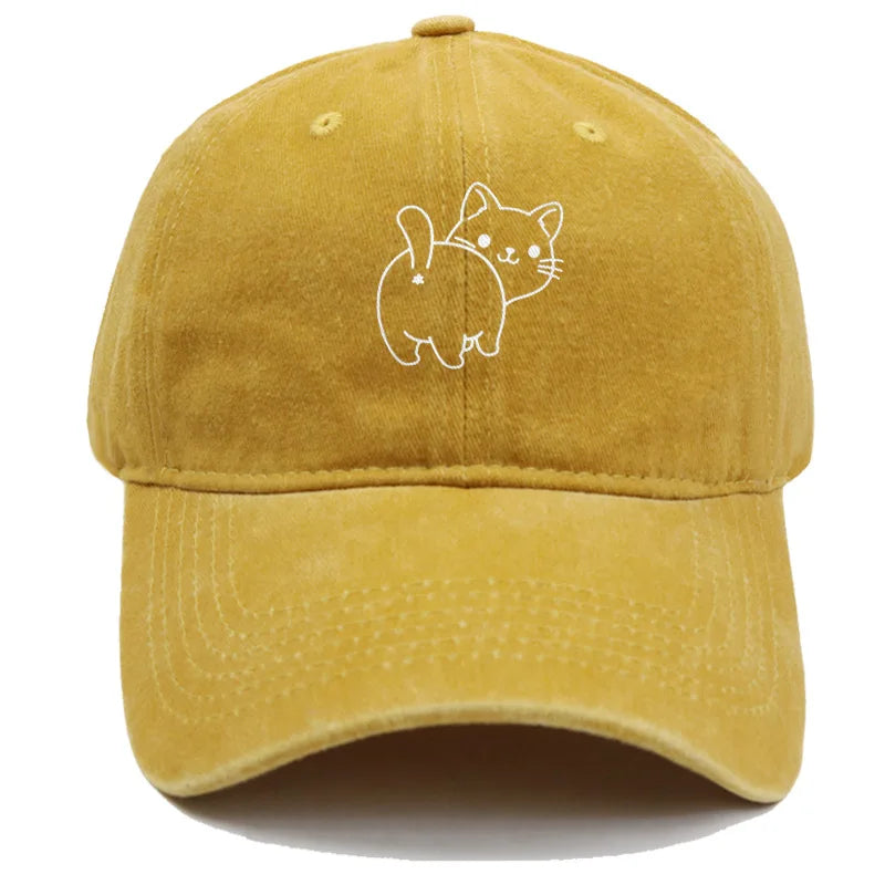 Cute Cat Butt Embroidered Washed Baseball Cap