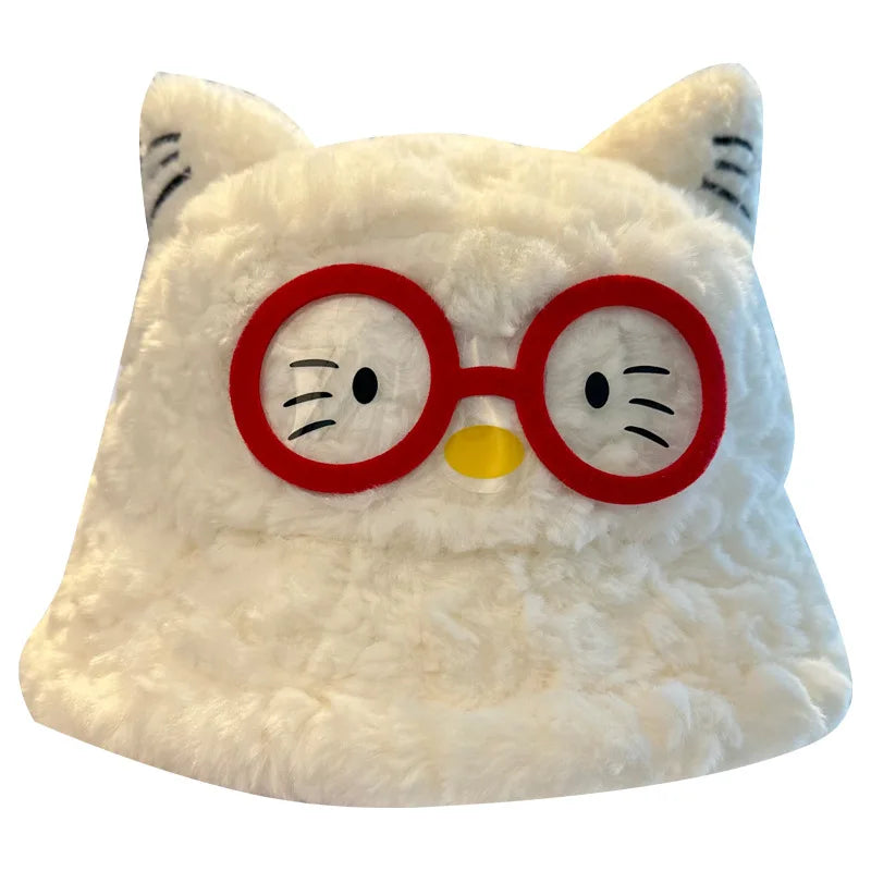 Cute Glasses Cartoon Plush Fisherman Hat Autumn Winter Warm Windproof Bucket Hats