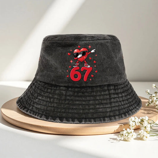 A Washed Denim Bucket Hat With A Sunglasses Heart Number