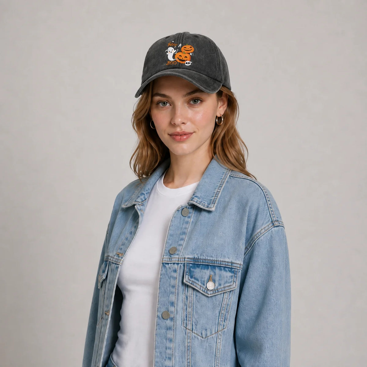 Vintage Washed Happy Boo Pumpkin Ghost Graphic Baseball Cap