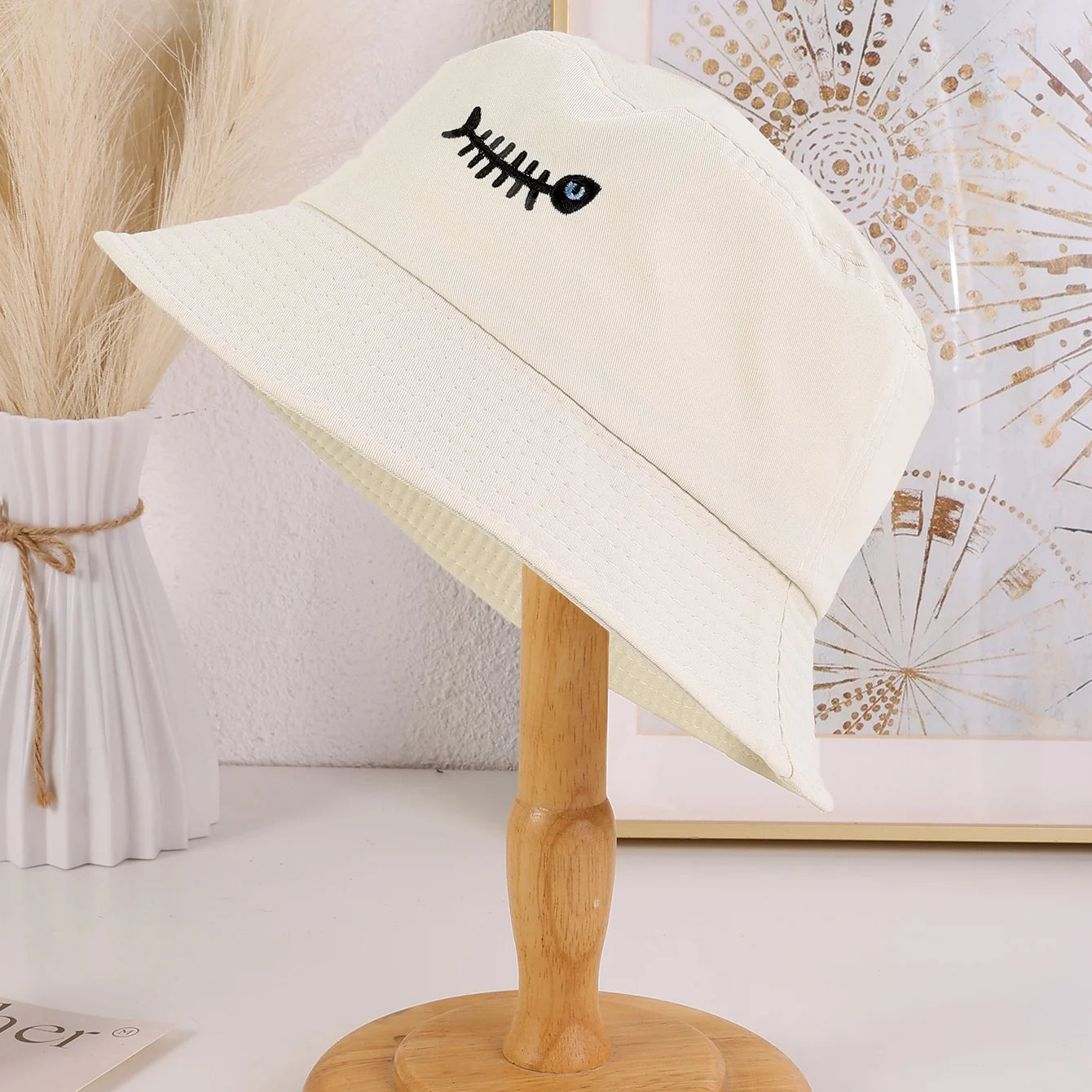 Cross-Border Simple Embroidered Fishbone Wide-Brimmed Fisherman's Hat