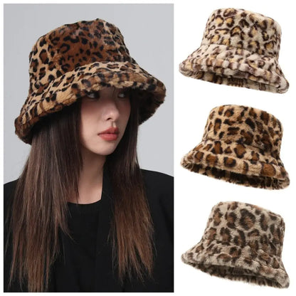 Versatile Korean Style Leopard Print Bucket Hat Winter Warm Hat For Girls