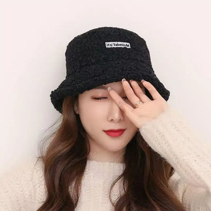 Winter Girl Boy Bucket Hat Cute Lamb Wool Letter Fisherman