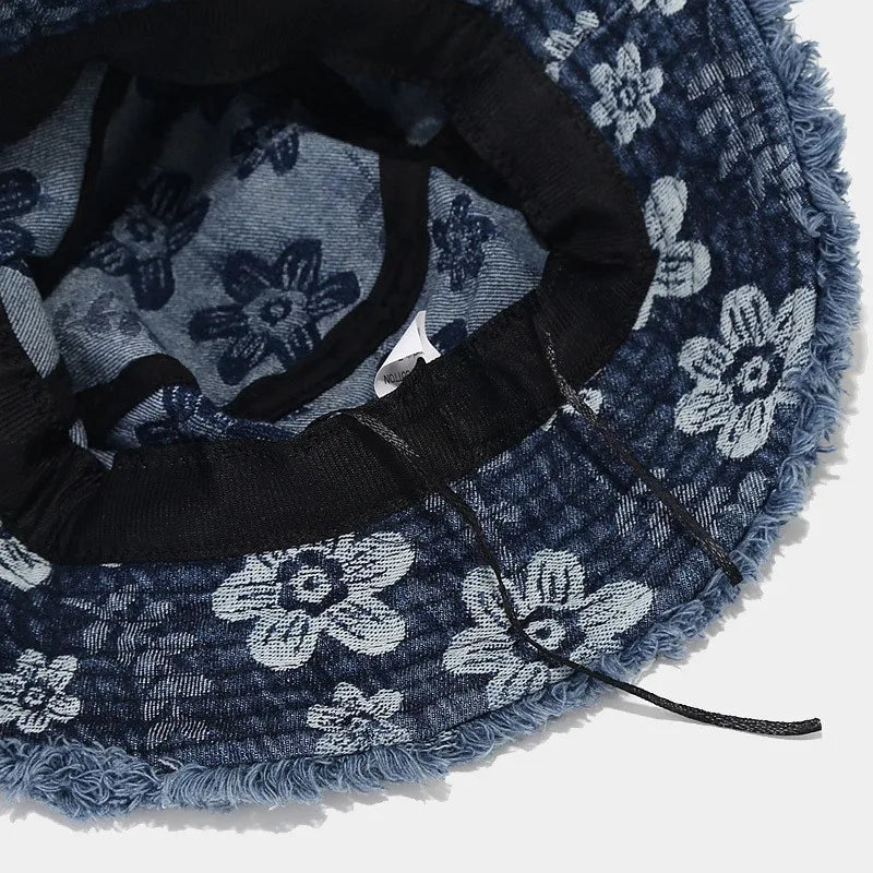 Four Seasons Denim Cartoon Flower Embroidery Bucket Hat