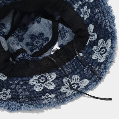 Four Seasons Denim Cartoon Flower Embroidery Bucket Hat