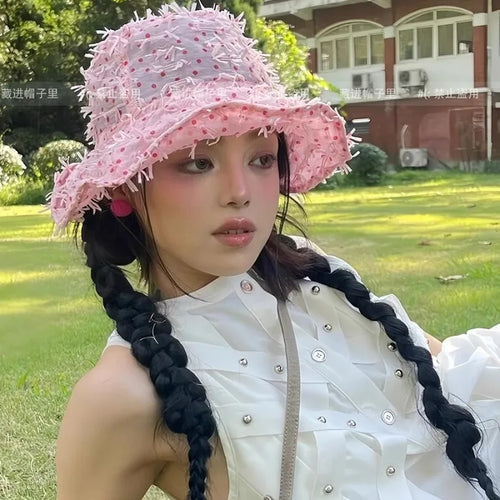 Niche Pink Polka Dot Mesh Bucket Hat
