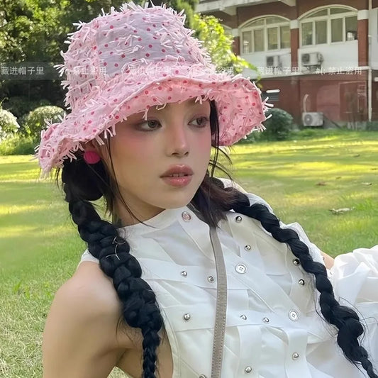 Niche Pink Polka Dot Mesh Bucket Hat