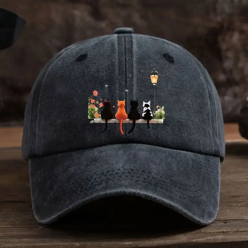 Washed Baseball Cap With Lantern Cats Cartoon Pattern Print