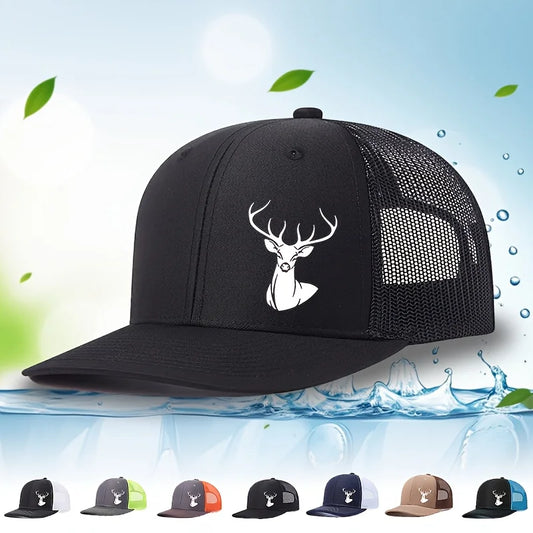 White Deer Head Printed Snapback Caps Breathable Mesh