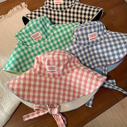 Plaid Fisherman Hat Trendy Seaside Beach Sunshade Hat Double-Sided