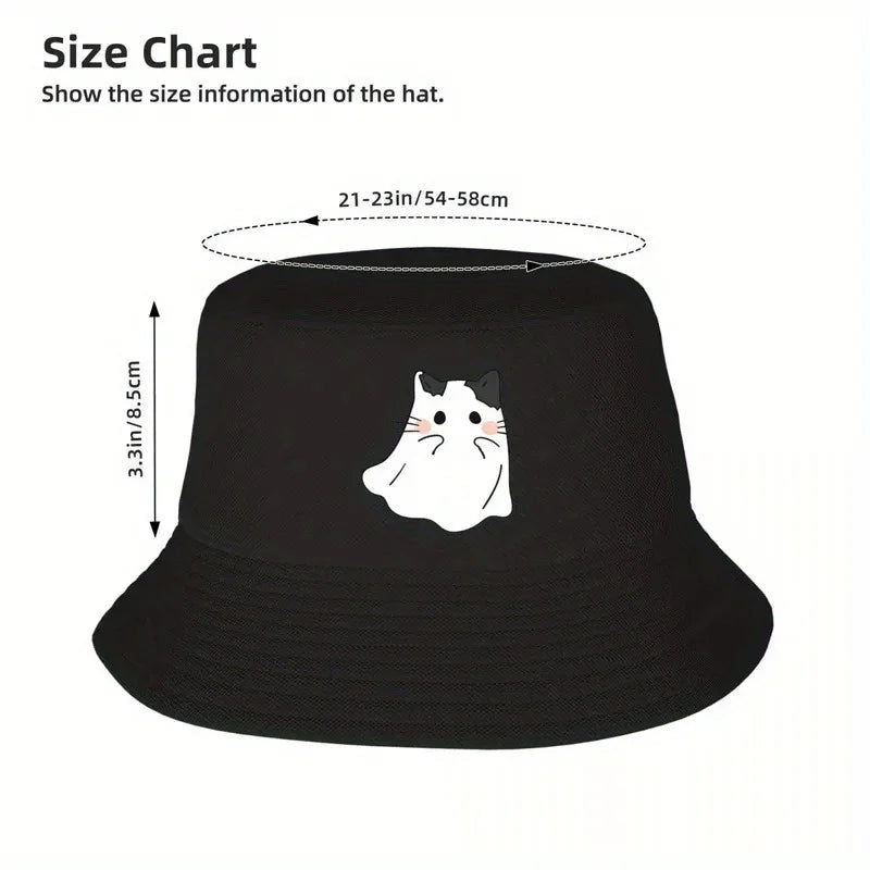 Cute Ghost Cat Printed Bucket Hat Fisherman's Hat Beach Travel