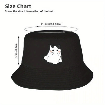 Cute Ghost Cat Printed Bucket Hat Fisherman's Hat Beach Travel