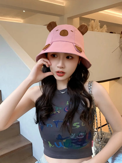 Spring Summer Bucket Hat For Women Men Cute Dog Ear Bear Nose Cartoon
