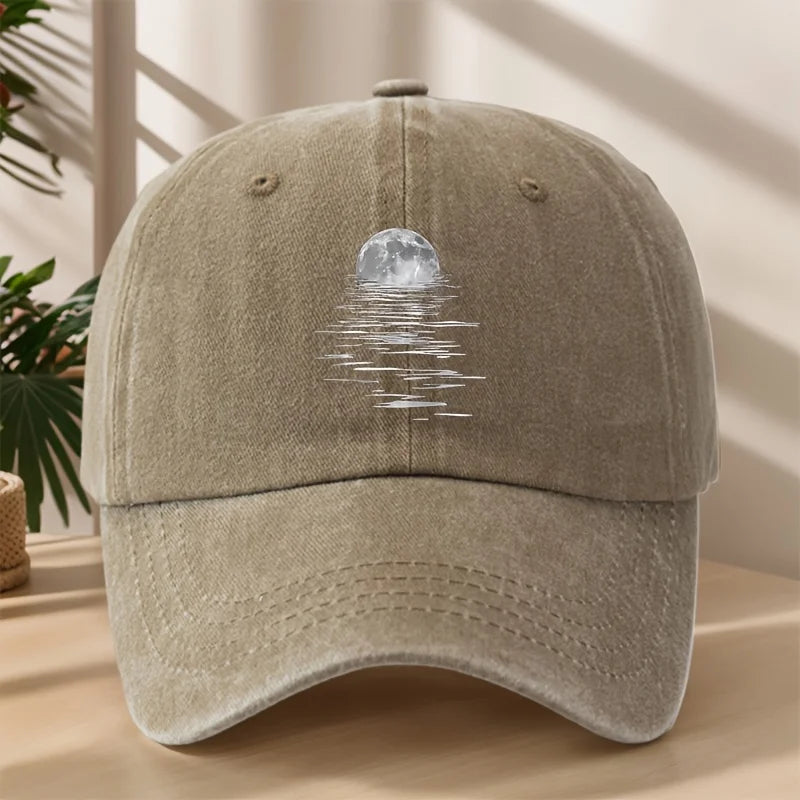 MAKEFGE Vintage Washed Soft-Top Cap with Moon & Starry Night Sky Print Baseball Hat