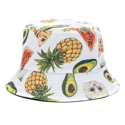Unisex Bucket Hats Summer Double-Sided Wear Fruit Printing Men Women