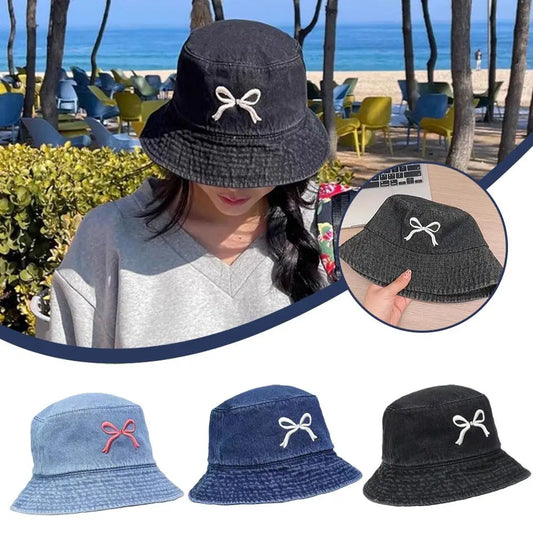Bows Denim Bucket Hat Women Wide Brim