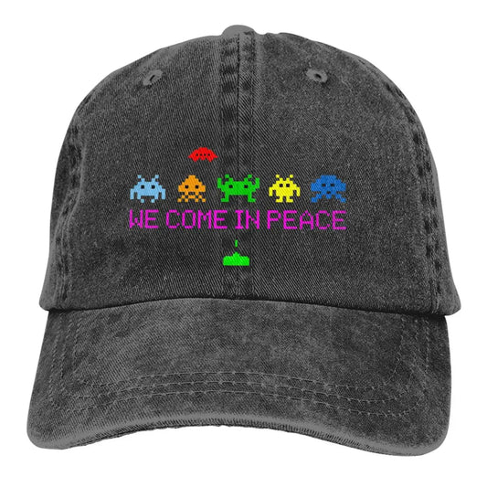 Space Invaders Arcade Shooter Game We Come In Peace Baseball Caps