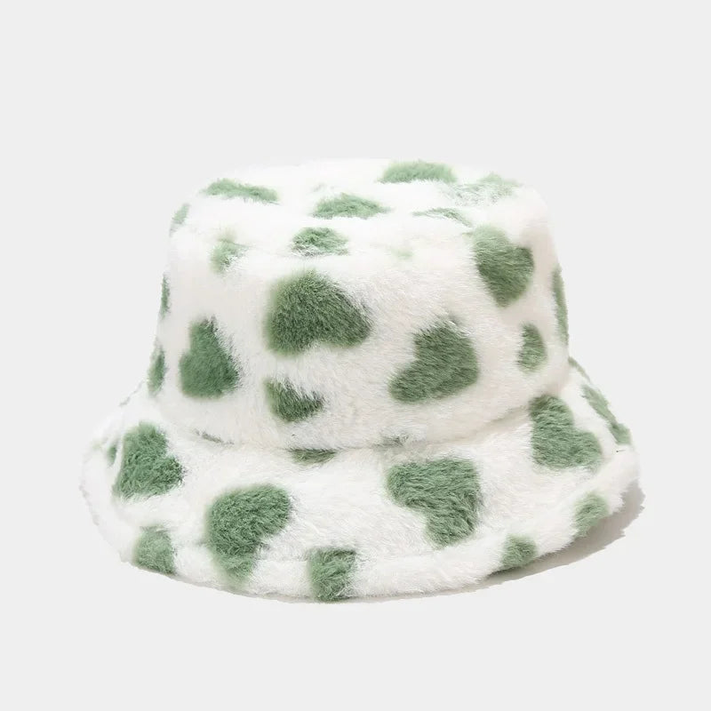 Winter Heart Print Faux Fur Fluffy Bucket Hat Women Outdoor Warm Hats