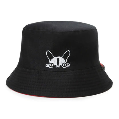 Portable Double-sided Wear Bucket Hat Cute Dog Embroidered Japanese Style