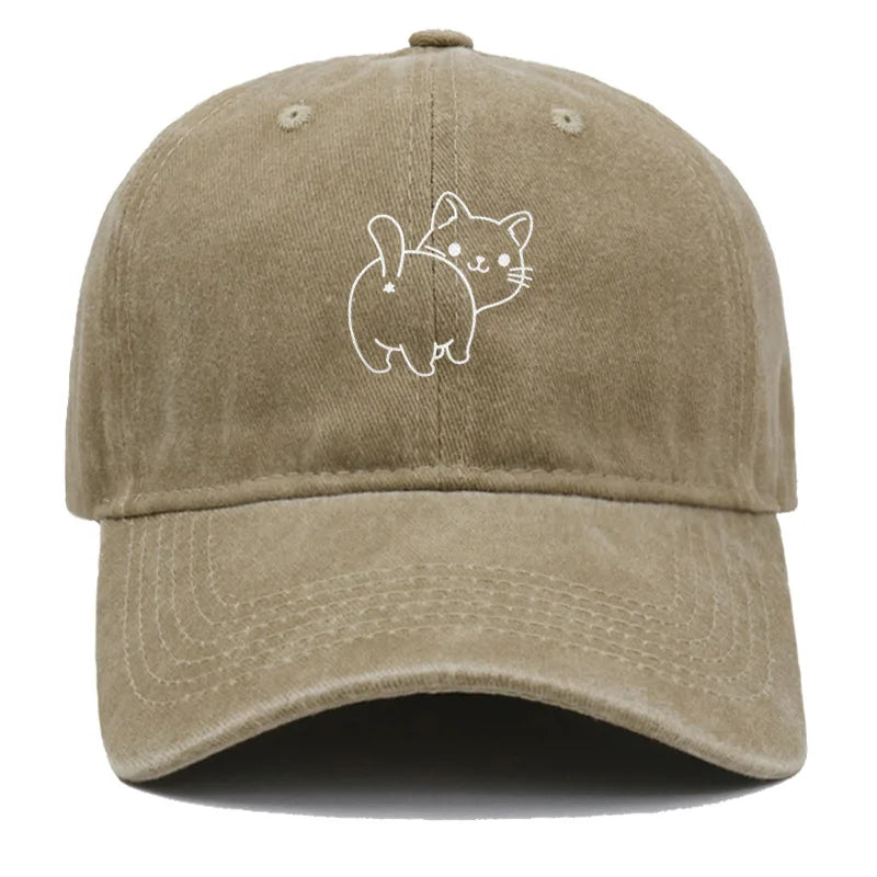 Cute Cat Butt Embroidered Washed Baseball Cap