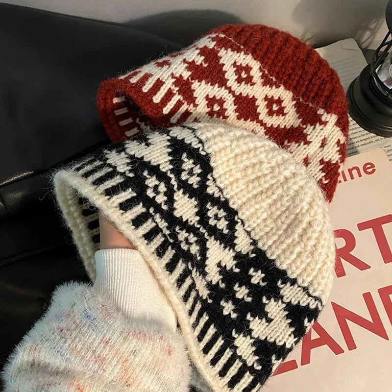 Winter Warm Knitted Hat for Women Retro Embroidered Wool Blend Bucket Hats