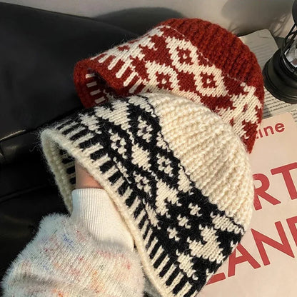 Winter Warm Knitted Hat for Women Retro Embroidered Wool Blend Bucket Hats