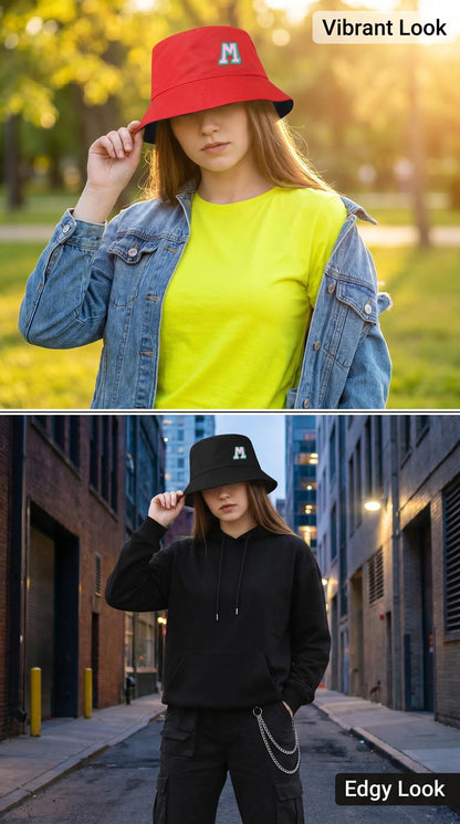 Two-Tone Outline Letter M Embroidery Reversible Bucket Hat