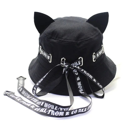 New Cute Cat Ears Bucket Hats Women Streamer Fisherman Hat Casual Panama Outdoor