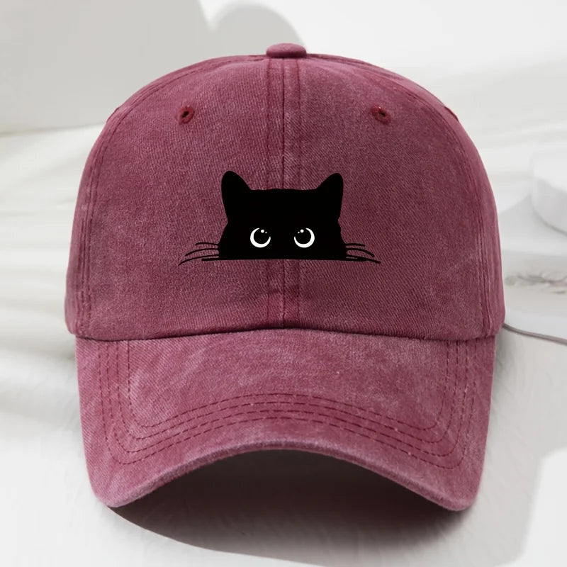 Cute Cat Print Vintage Washed Baseball Cap For Men Women
