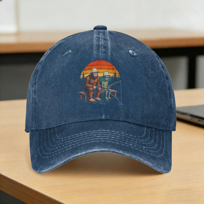 Washed Baseball Cap Alien Fishing Bigfoot And Pine Lake