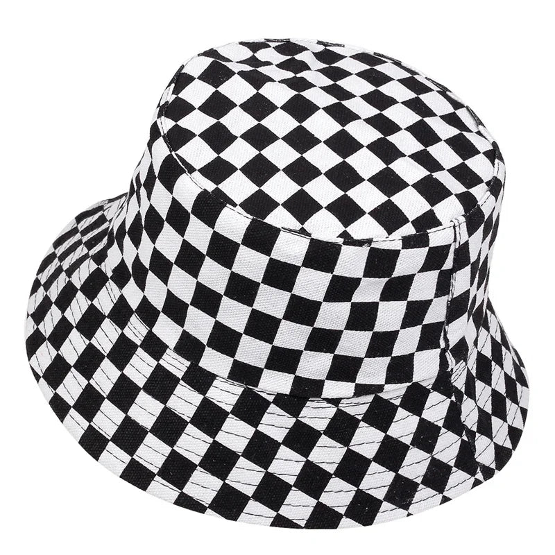 Black And White Grid Bucket Hat Wearable Fisherman Hat Travel Hat For Men Women