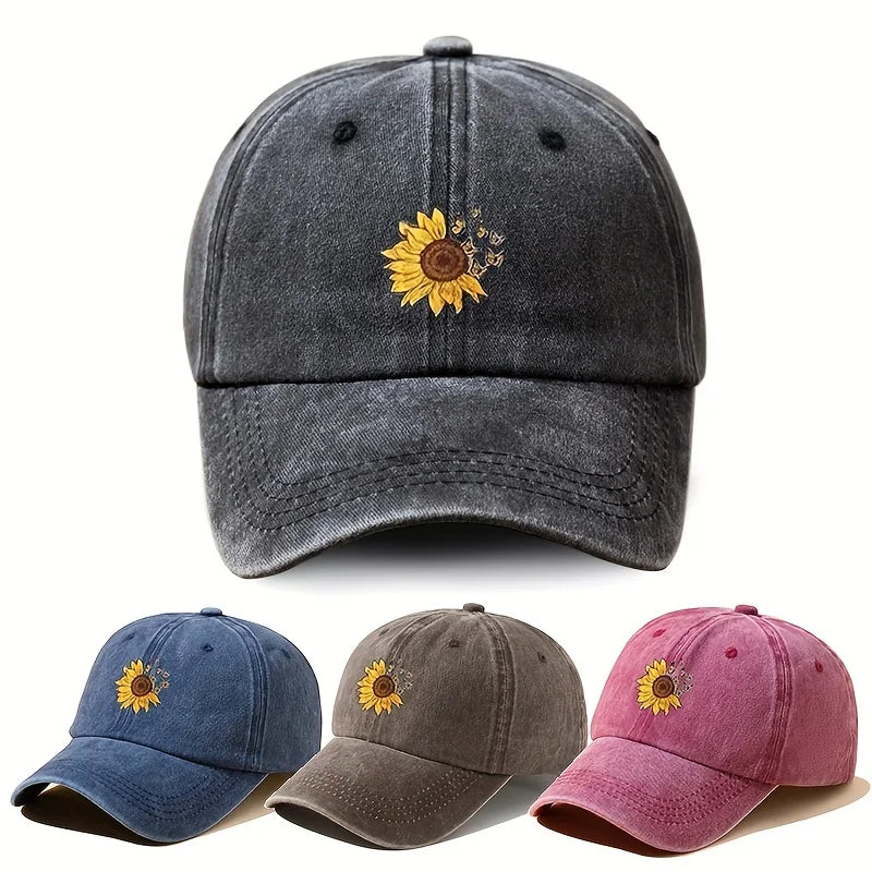 Sunflower Printed Baseball Cap With Retro Washed Soft Top Cap