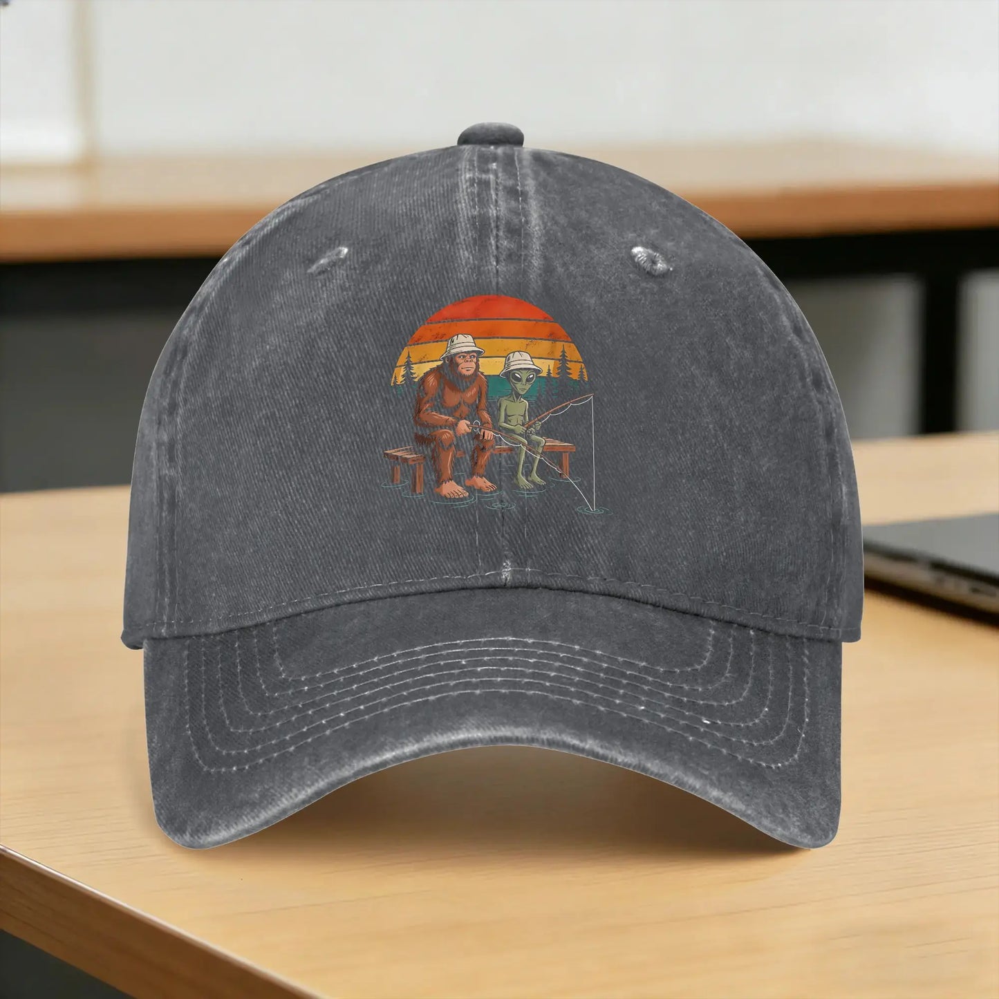 Washed Baseball Cap Alien Fishing Bigfoot And Pine Lake