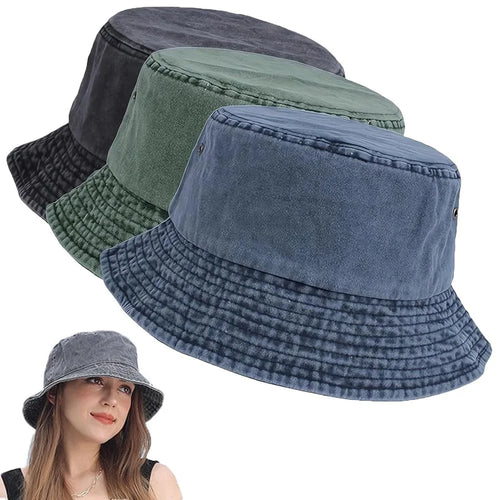 Washed Denim Bucket Hat for Women Men Retro Wide Brim Fisherman Cap