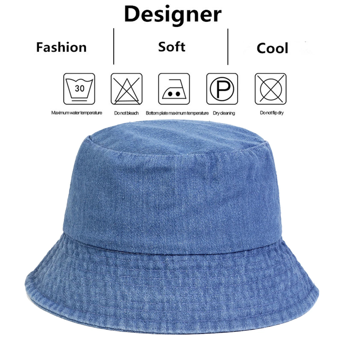Unisex Light Board Solid Color Denim Bucket Hats Fishermen Caps