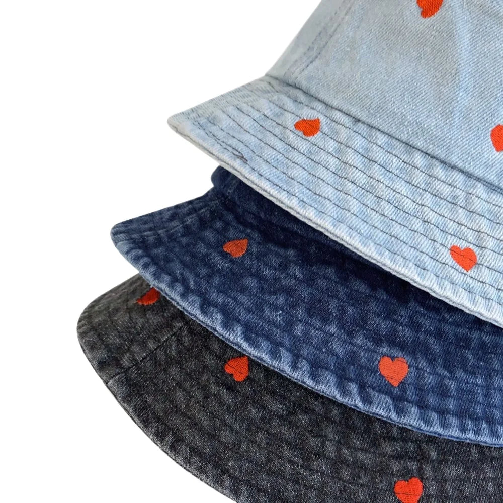 New Summer Hat For Women Denim Bucket Hat Embroidery Heart Butterfly Daisy