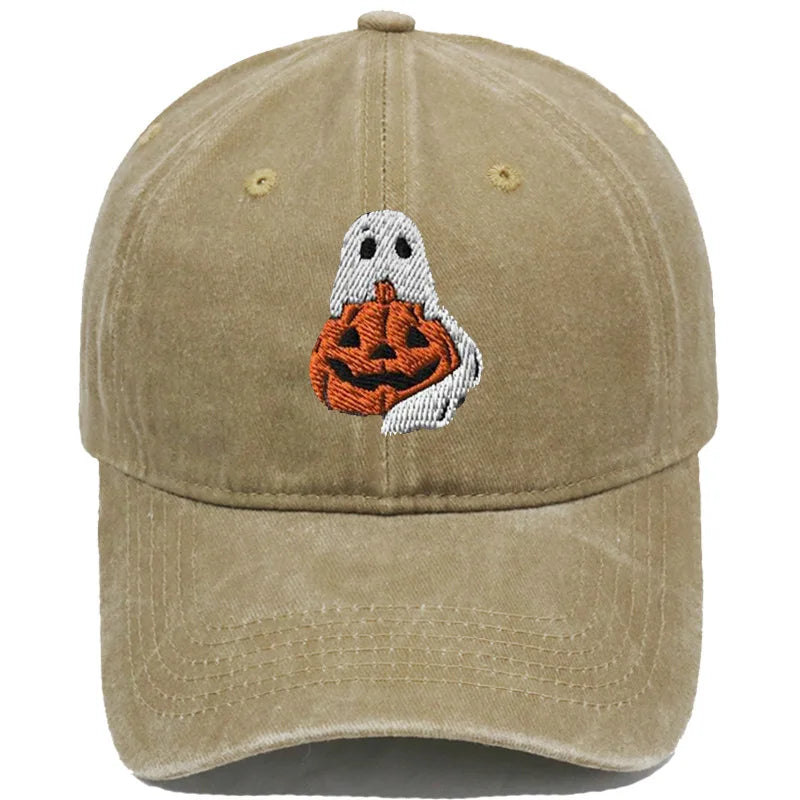 Vintage Washed Ghost Wrapping Pumpkin Embroidery Baseball Cap