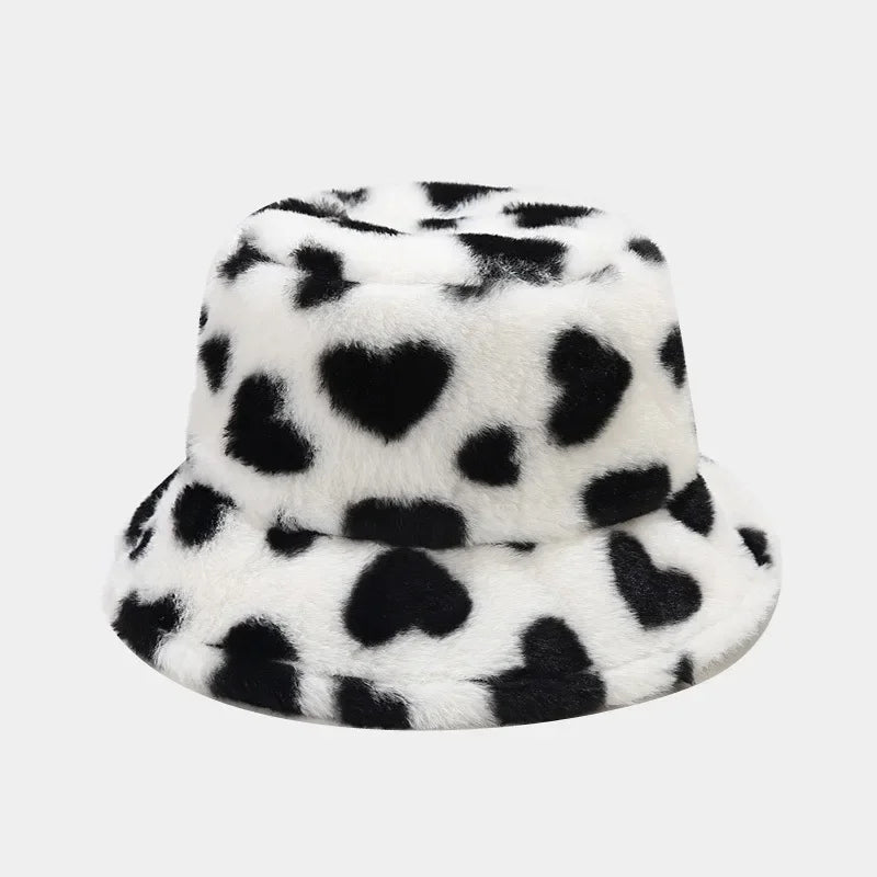 Winter Heart Print Faux Fur Fluffy Bucket Hat Women Outdoor Warm Hats