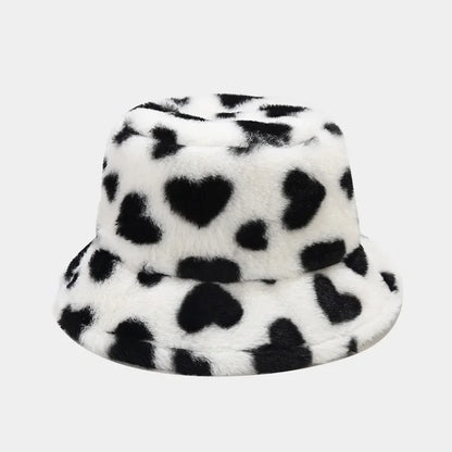 Winter Heart Print Faux Fur Fluffy Bucket Hat Women Outdoor Warm Hats