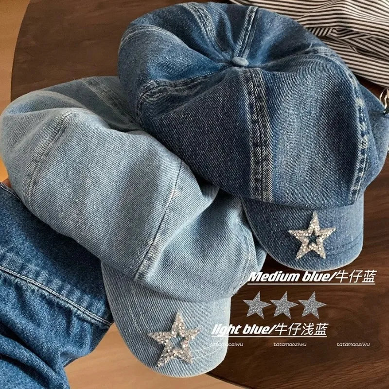 Spring and Summer Big Head Flash Diamond Star Pin Denim Beret Hat