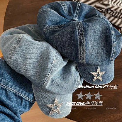 Spring and Summer Big Head Flash Diamond Star Pin Denim Beret Hat