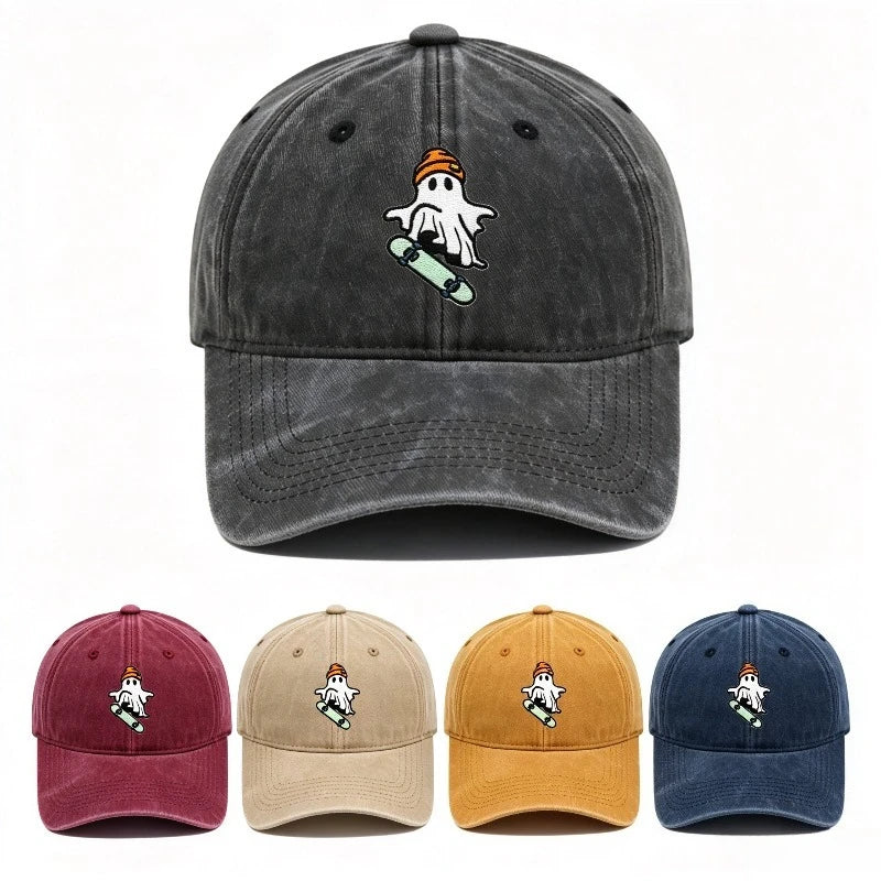 Vintage Washed Cool Skateboarding Ghost Embroidery Baseball Cap