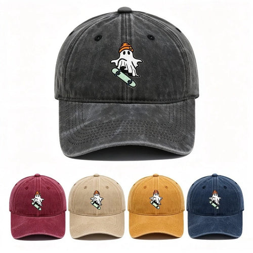 Vintage Washed Cool Skateboarding Ghost Embroidery Baseball Cap