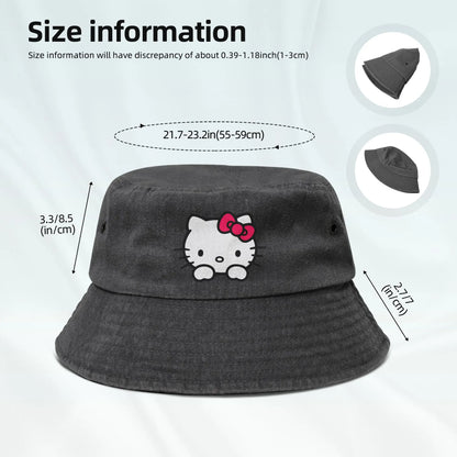 Men Women Washed Denim Bucket Hat Hello Kitty Summer Travel Headwear Packable