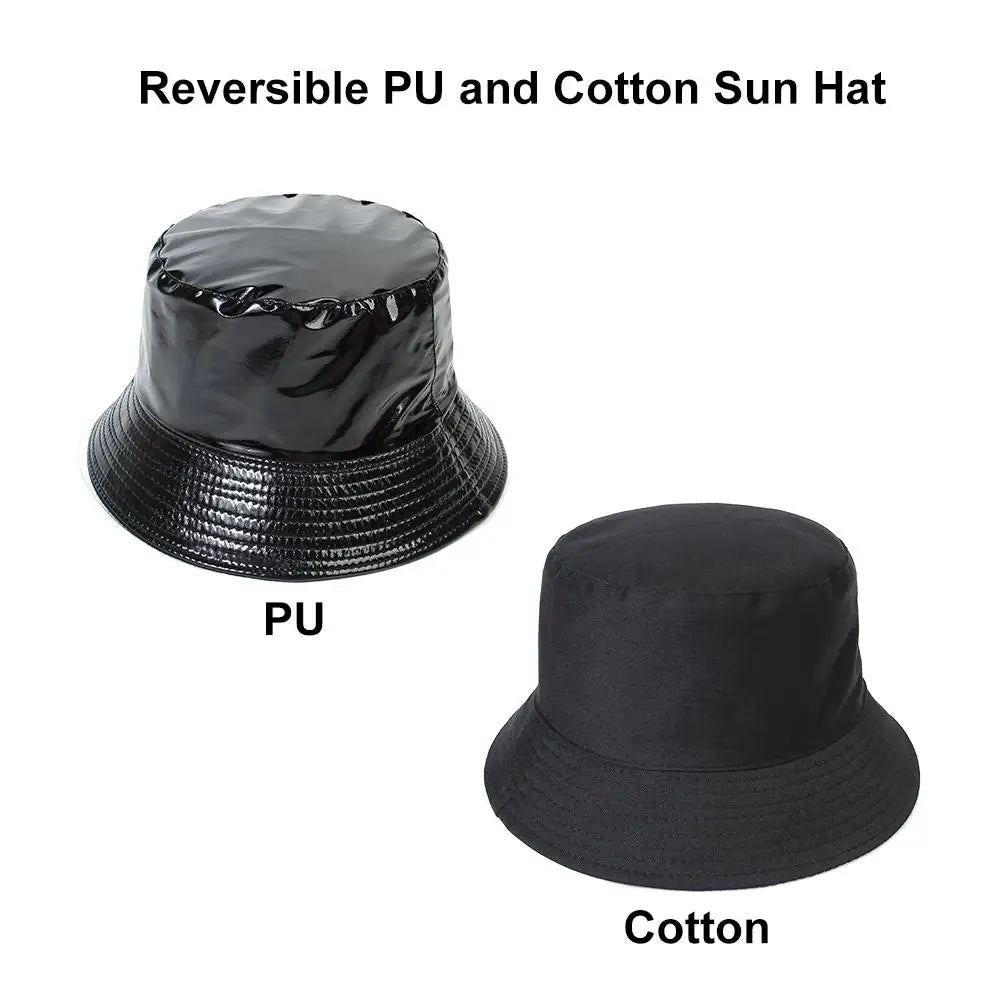 Unisex Reversible Climbing PU Leather Fishing Hat Sun Hat Bucket Hat