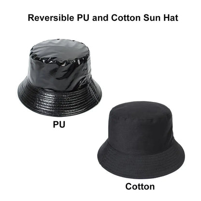 Unisex Reversible Climbing PU Leather Fishing Hat Sun Hat Bucket Hat