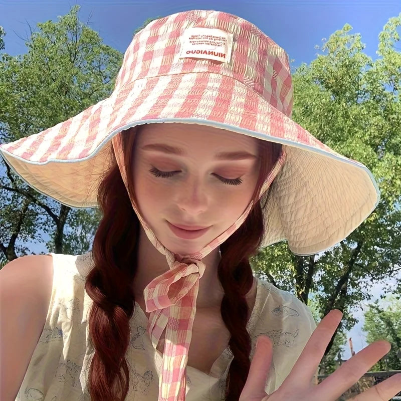 Plaid Fisherman Hat Trendy Seaside Beach Sunshade Hat Double-Sided