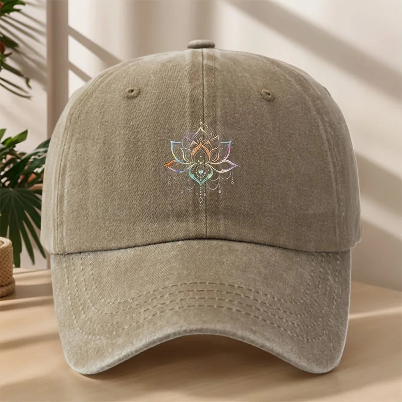 Vintage Versatile Cartoon Lotus Print Washed Vintage Soft Top Sunshade Baseball Cap
