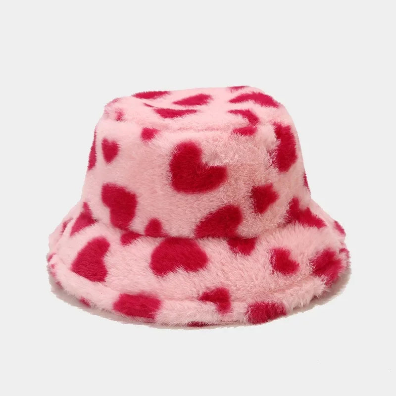 Winter Heart Print Faux Fur Fluffy Bucket Hat Women Outdoor Warm Hats